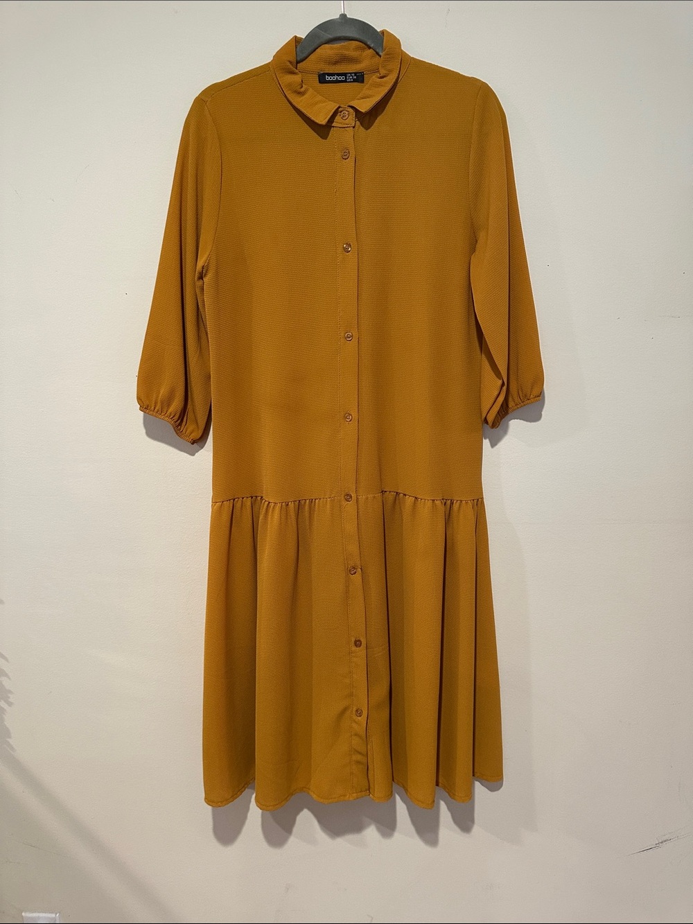 Boohoo Mustard Button-Front Tiered Midi Dress